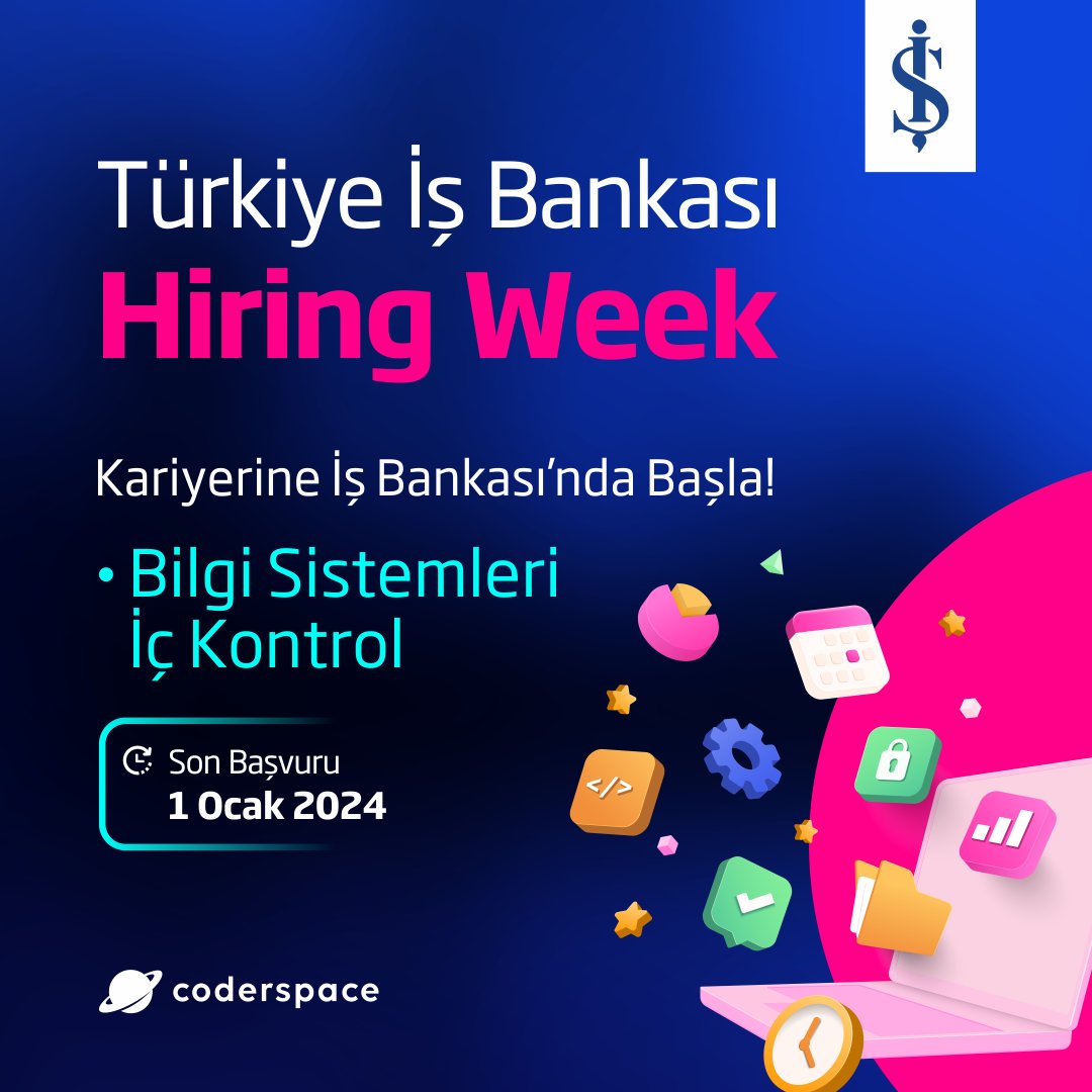 Türkiye İş Bankası Hiring Week başvuruları için son gün bugün! 🔔 Sen de İş Bankası'nda Bilgi Sistemleri İç Kontrol Uzmanı olarak çalışma fırsatını kaçırma, Hiring Week'e hemen başvur! 🕺 🙌 Daha fazla bilgi için → coderspace.io/etkinlikler/tu…