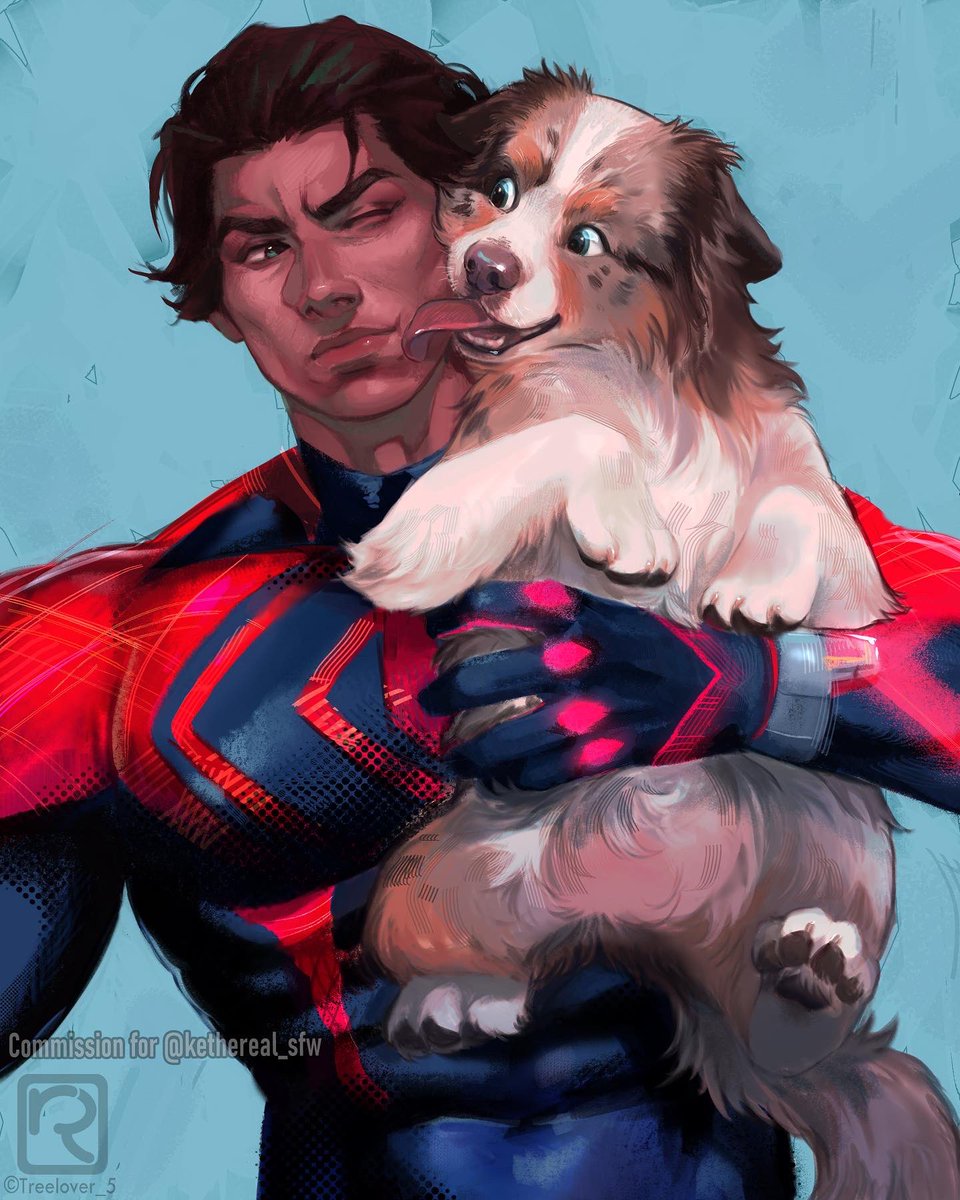 Commission for @kethereal_sfw of their sweet dog Milo and #MiguelOHara 
First drawing of the New Year 🎊 #myart #SpiderManAcrosstheSpiderVerse