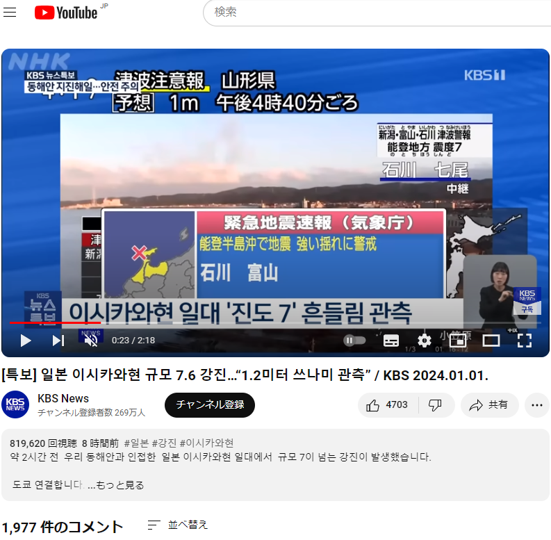 韓国のNEWS番組のYoutubeのコメント欄 こちらは ・地震による被害が大きくないことを祈ります。 ・これ以上の被害がないことを祈ります。 などの良心的なコメントが目立つ。 しかし、なぜかコメントを時系列で並べなおし、初期の頃のコメントを見ると ・嬉しいニュースだね。…