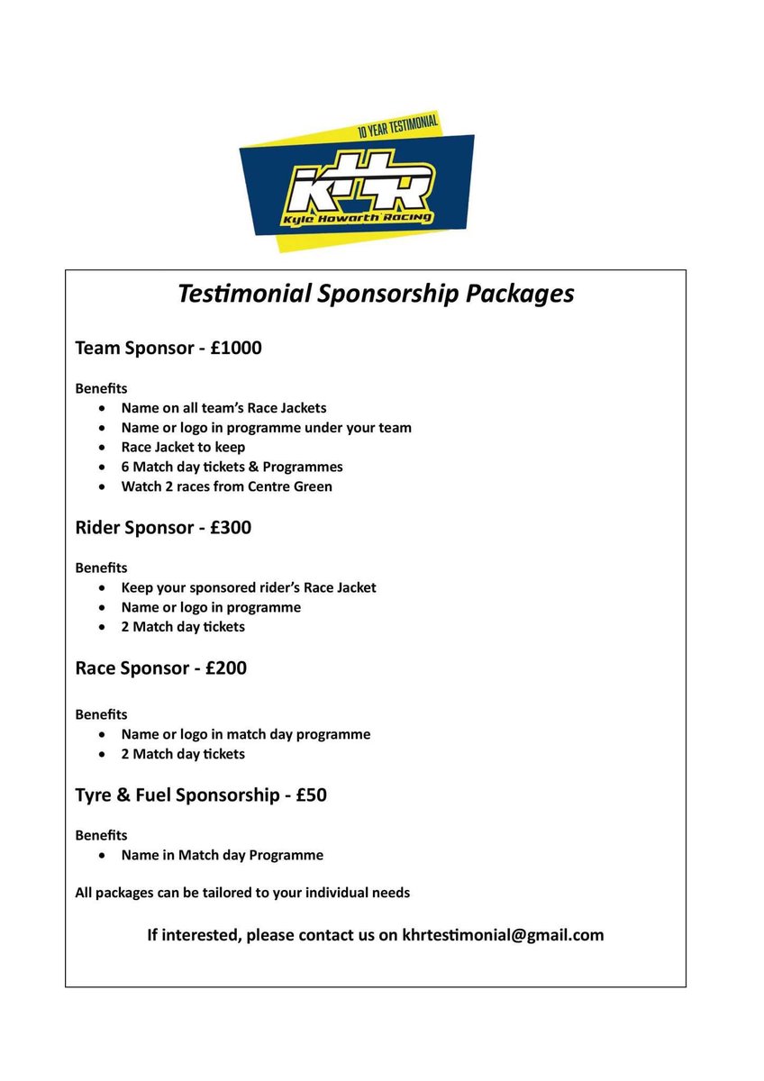 Kyle Howarth testimonial Thursday 14th March 2024 at Owlerton Stadium.  Sponsorship packages available, contact khrtestimonial@gmail.com