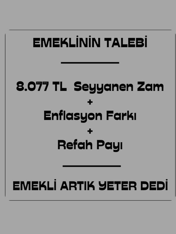 Tüm emeklilere eşit ve eşit oranlı,

<a href="/Akparti/">AK Parti</a> 
<a href="/MHP_Bilgi/">MHP</a> <a href="/RTErdogan/">Recep Tayyip Erdoğan</a> <a href="/dbdevletbahceli/">Devlet Bahçeli</a> <a href="/memetsimsek/">Mehmet Simsek</a> <a href="/_cevdetyilmaz/">Cevdet Yılmaz</a> <a href="/rprefahpartisi/">Yeniden Refah Partisi</a> 

 #EmekliArtikYeterDedi