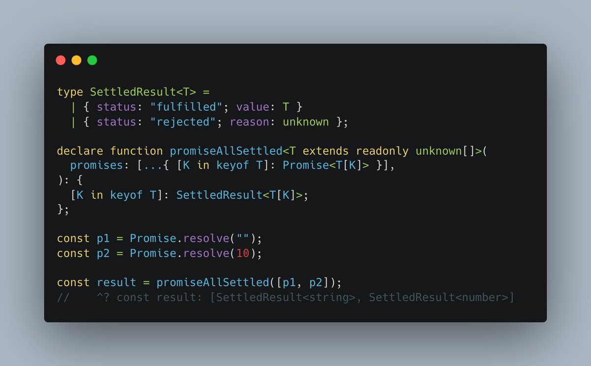 Reverse mapped types are just so super elegant for certain use cases... Here we have an equivalent of `Promise.allSettled` that retains positional information for each item in the input typescriptlang.org/play?ts=5.3.2#…