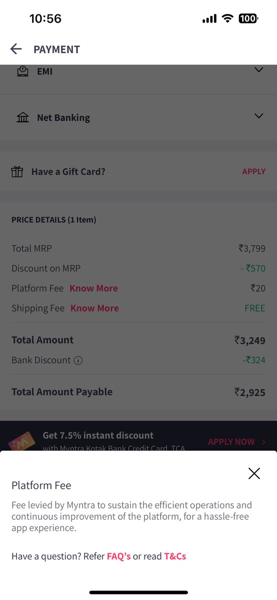 prateekstrider1's tweet photo. Seems like this is different type of loot from a “free to use” e-commerce platform ….Platform fee of ₹20, as equal to as charging a subscription fee of an app #myntra #happynewyear 
 #Welcome2024 #BeOnCloudHNY2024 #HappyNewYear2024 https://t.co/AyEV2czItp