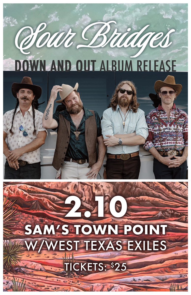 Sour Bridges (@sourbridges) on Twitter photo 🔥Sour Bridges ALBUM RELEASE 🔥
<a href="/samstownpoint/">Sam's Townpoint</a> 2/10 w/ <a href="/westtexasexiles/">West Texas Exiles</a> get your tickets! 🔥Sour Bridges ALBUM RELEASE 🔥
<a href="/samstownpoint/">Sam's Townpoint</a> 2/10 w/ <a href="/westtexasexiles/">West Texas Exiles</a> get your tickets!