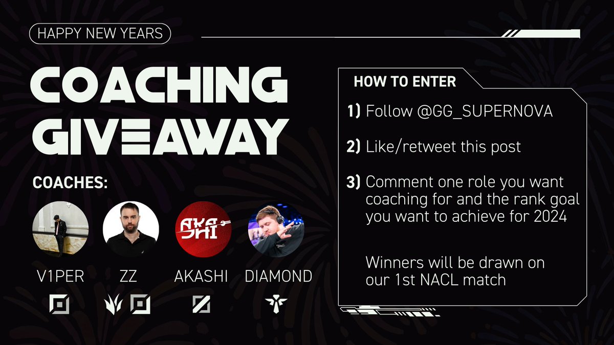 Ready to shoot for the stars ✨ this new year?🎉

We are holding a giveaway to get FREE🤑coaching by one of these 4 amazing coaches 😍

You must
- Follow <a href="/GG_SUPERNOVA/">Supernova</a>☑️
- Like &amp; Retweet this post❤️♻️
- Comment 1 role you want coaching on &amp; the rank goal you want to achieve🗒️