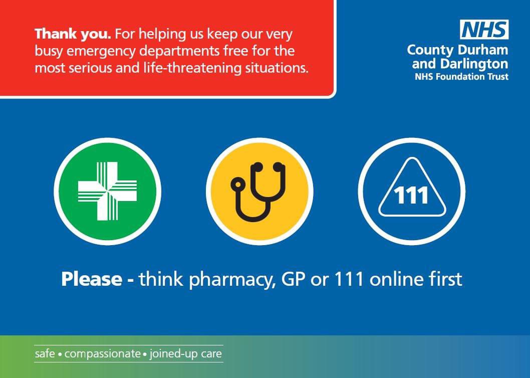 Help us help you. Our emergency departments at Darlington Memorial Hospital and University Hospital of North Durham are extremely busy today. ❗ Please think pharmacy, 111 online first. Please only attend the emergency department with serious or life threatening emergencies.