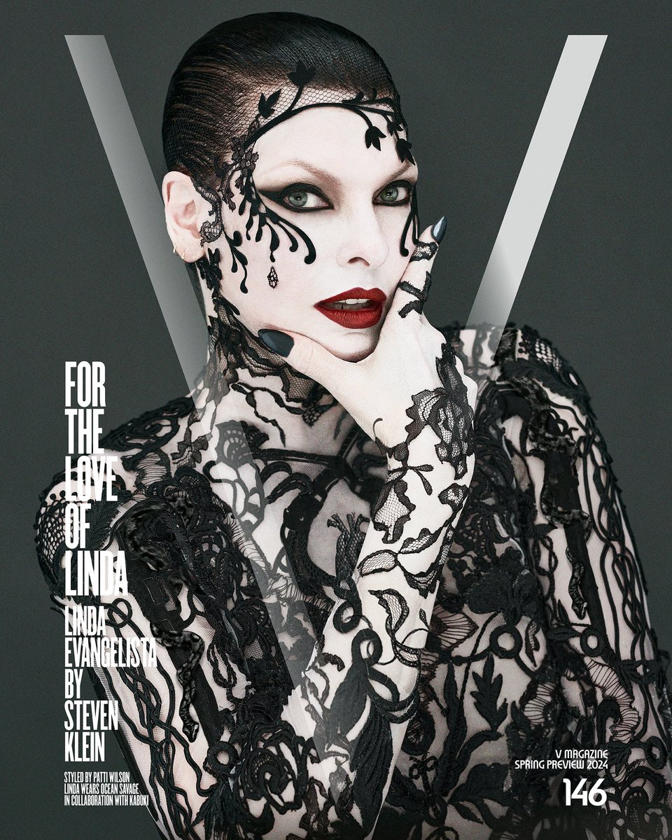 vmagazine's tweet image. LINDA’S BACK…ALL LACED UP!

The high priestess of posing, #LindaEvangelista has returned to the pages of V for the cover of V146, lensed by #StevenKlein and styled by #PattiWilson for the cover of V146—in a decoupage fantasy collaboration with emerging designer #OceanSavage and