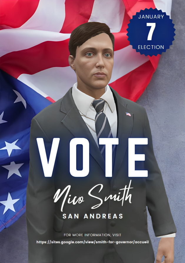 SmithNicoOff's tweet photo. San Andreas a besoin d'un gouverneur qui soit présent avec les entreprises et les services publics dans leurs quotidiens, c'est ce que je fais déjà en tant que candidat et que je m'efforcerai à faire si je suis élu !
#Smithforgovernor https://t.co/p6DJ4NWjsr