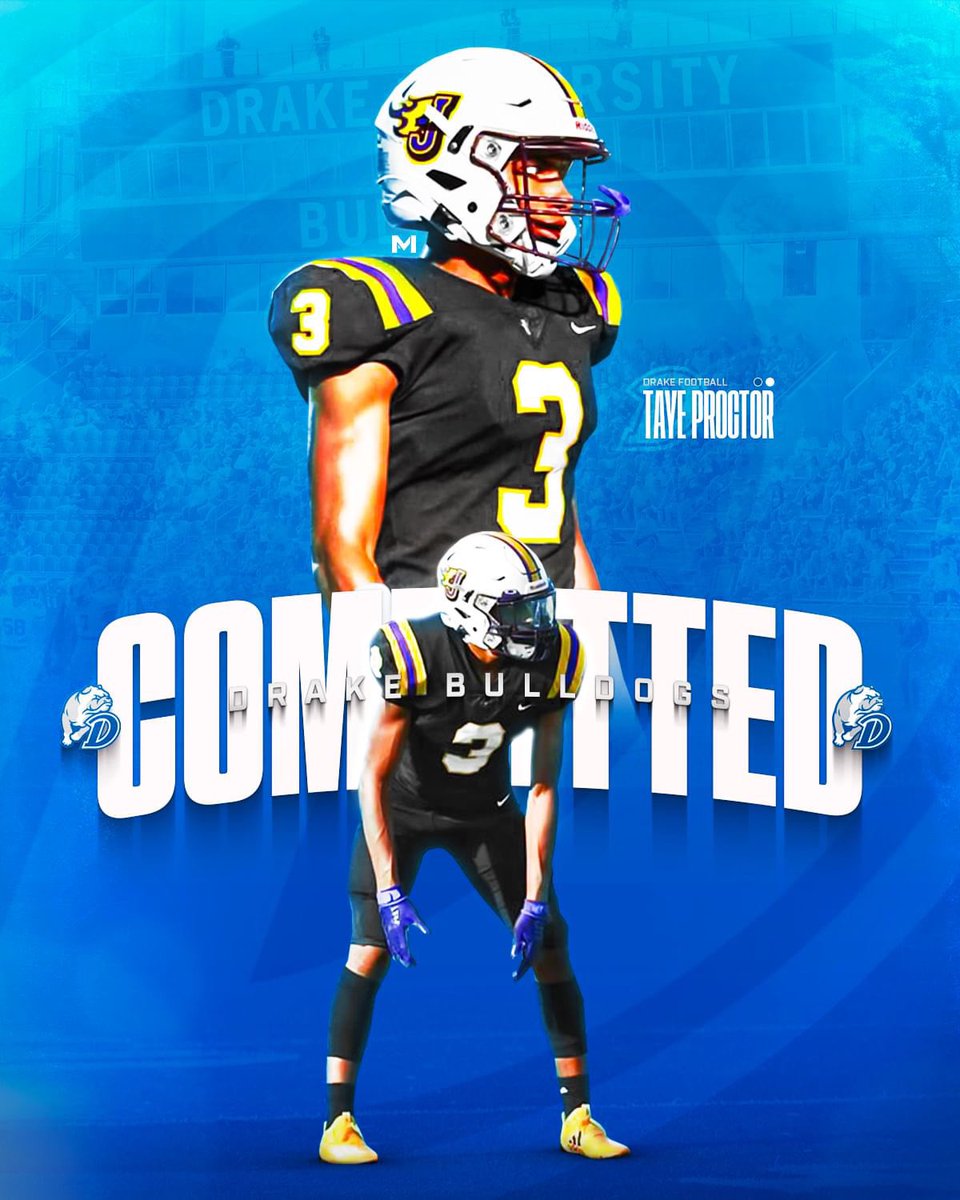 Taye Proctor (@tayeproctor) on Twitter photo Blessed to announce my commitment to Drake University to continue my academic and athletic career! Thank you to all my family, friends, and coaches who helped me get to where I am today. Excited for what’s to come… #blessed #godogs <a href="/DrakeBulldogsFB/">Drake Football</a> <a href="/tstepsis/">Todd Stepsis</a> Blessed to announce my commitment to Drake University to continue my academic and athletic career! Thank you to all my family, friends, and coaches who helped me get to where I am today. Excited for what’s to come… #blessed #godogs <a href="/DrakeBulldogsFB/">Drake Football</a> <a href="/tstepsis/">Todd Stepsis</a>