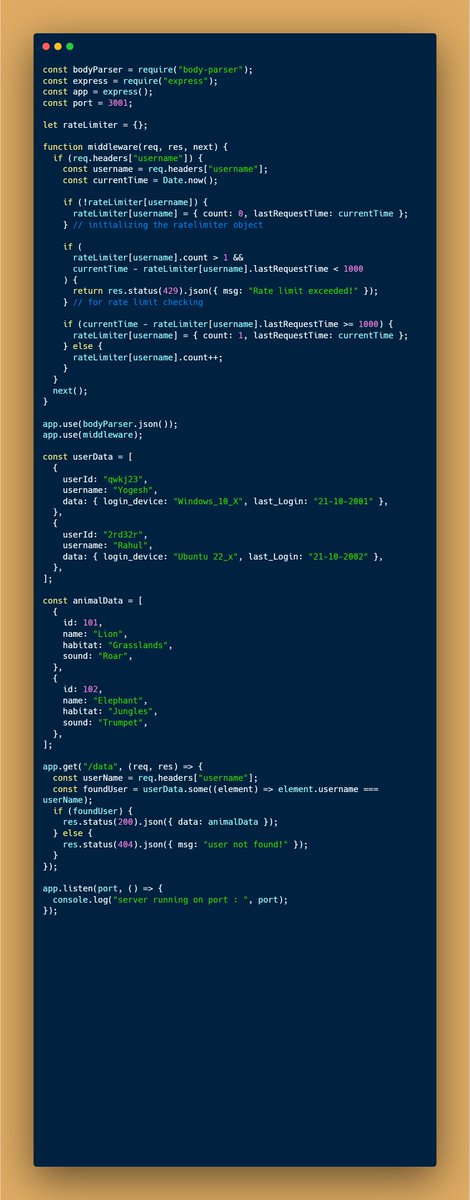 Yogesh_pdf's tweet image. 🚀 Just implemented Express middleware for rate limiting!  Part of a middleware assignment. 🧑‍💻 Leveraged Date.now() for accuracy in rate limiting, ensuring better efficiency than setInterval.  #NodeJS #ExpressJS #Middleware #100xDevs @kirat_tw