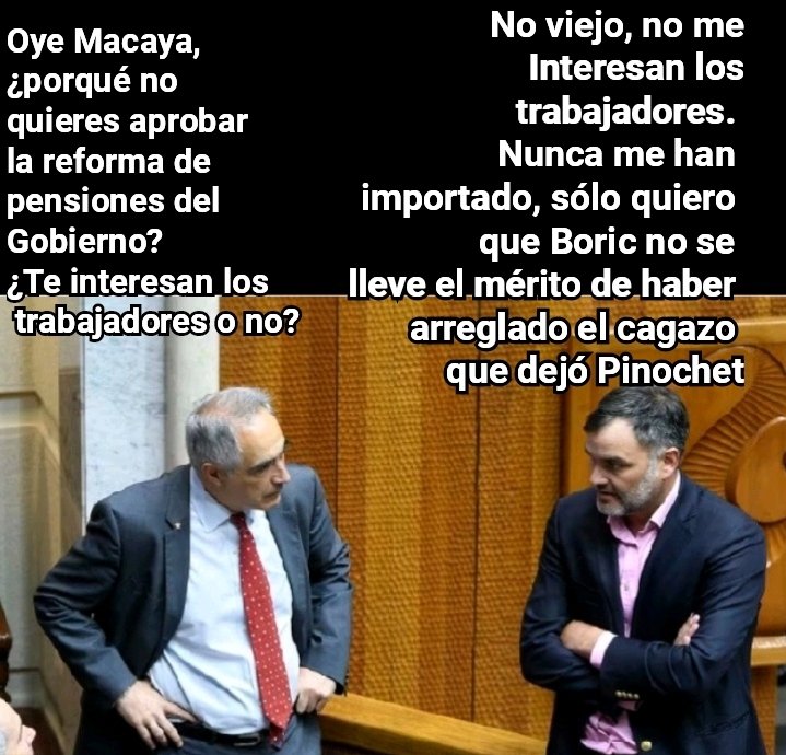 Es Ridículo q la derecha diga q no aprueba la reforma de pensiones pq desean q los trabajadores obtengan un 6% q nunca han tenido.
La única razón es impedir q Boric tenga el mérito histórico de haber encontrado la fórmula correcta para solucionar el gran problema q dejó Pinochet.