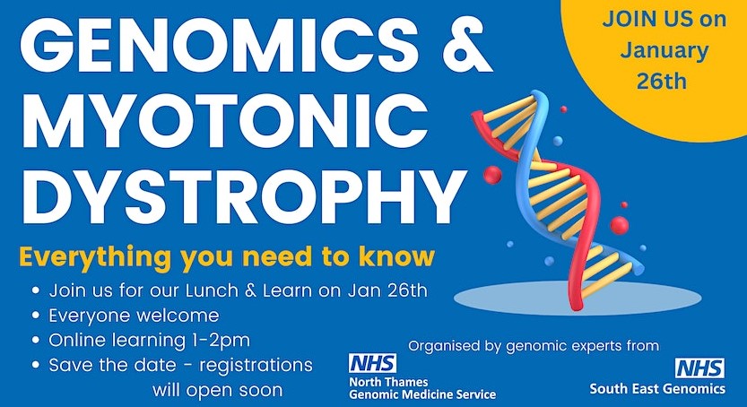 Mark Mencias (@markmencias) on Twitter photo Nurses, midwives, doctors and everyone in between: please join us in exploring the genetics of myotonic dystrophy in the <a href="/SEgenomics/">NHS South East Genomic Medicine Service</a> lunch & learn on 26/Jan/2024.
It is free!!!
eventbrite.co.uk/e/lunch-and-le… Nurses, midwives, doctors and everyone in between: please join us in exploring the genetics of myotonic dystrophy in the <a href="/SEgenomics/">NHS South East Genomic Medicine Service</a> lunch & learn on 26/Jan/2024.
It is free!!!
eventbrite.co.uk/e/lunch-and-le…