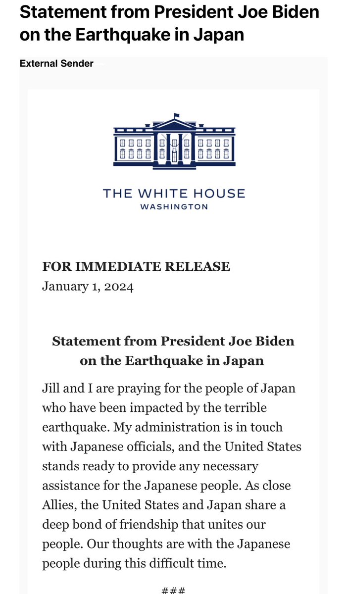 A statement from POTUS on the earthquake in Japan. He was briefed by his national security team on the issue earlier this morning.