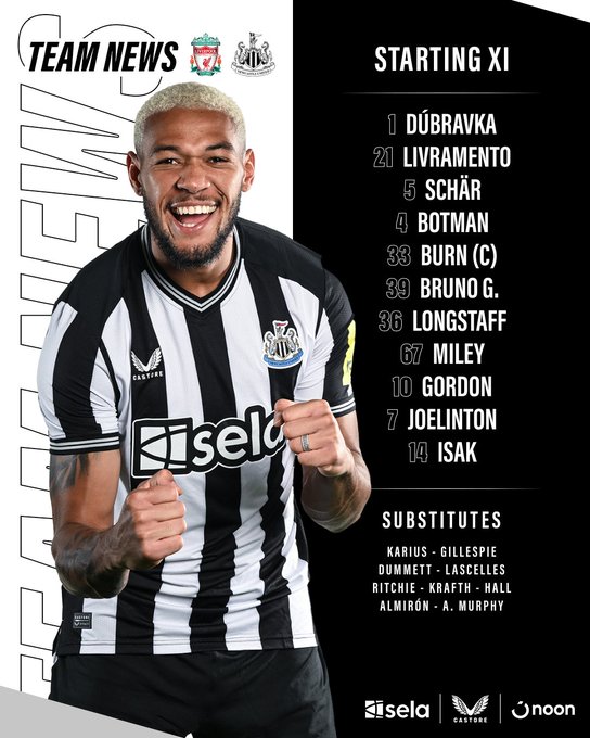 Newcastle United v Liverpool: Dúbravka, Livramento, Schär, Botman, Burn, Bruno G., Longstaff, Miley, Gordon, Joelinton, Isak.