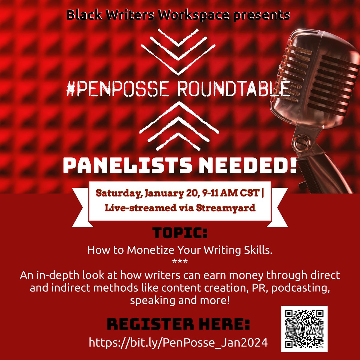 BlackWorkspace's tweet photo. #PenPOSSE PANELISTS NEEDED! Open to aspiring and experienced writers, agents and publishers. Selections will be made by Saturday, January 6. To be considered, please complete the survey here: https://t.co/VKG4sI9n3K.
#authors #blackwriters #books https://t.co/4x9qFu7ol9