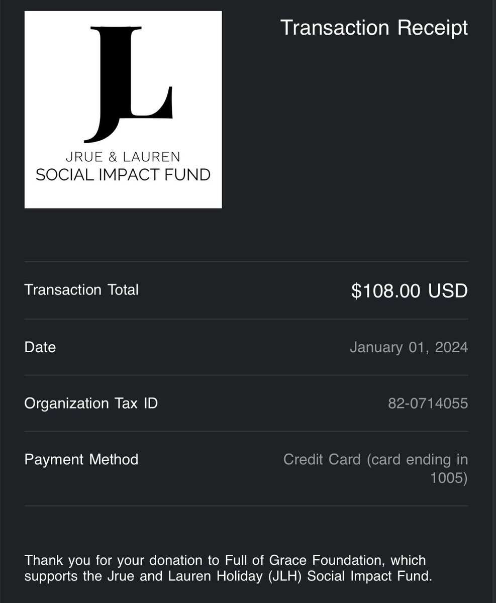 Another $100 donated to the <a href="/thejlhfund/">JLH Impact Fund</a> -jlhfund.org

#BleedGreen #Jrue <a href="/Jrue_Holiday11/">Jrue Holiday</a> <a href="/laurenholiday12/">Lauren Holiday</a> #giveback #Celtics