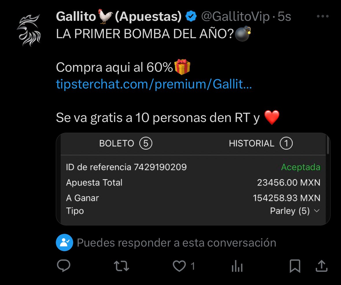 Ya tengo la 💣 del Gallito lista!! 

Inauguramos el año con este parlay de $23,456 ➡️ +$154,258.93 🤯 

Si todos me dejan su ❤️ se las dejaré completamente GRATIS 💰✅