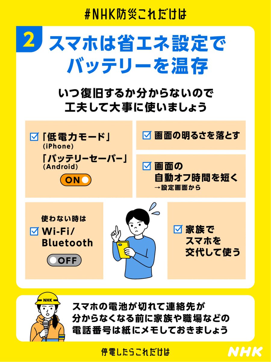 石川県内では、4万5千戸以上で停電しています。

携帯電話のバッテリーを温存する方法です。

そのほか停電時に役立つ情報をまとめています。
nhk.or.jp/bousai/12_01/?…