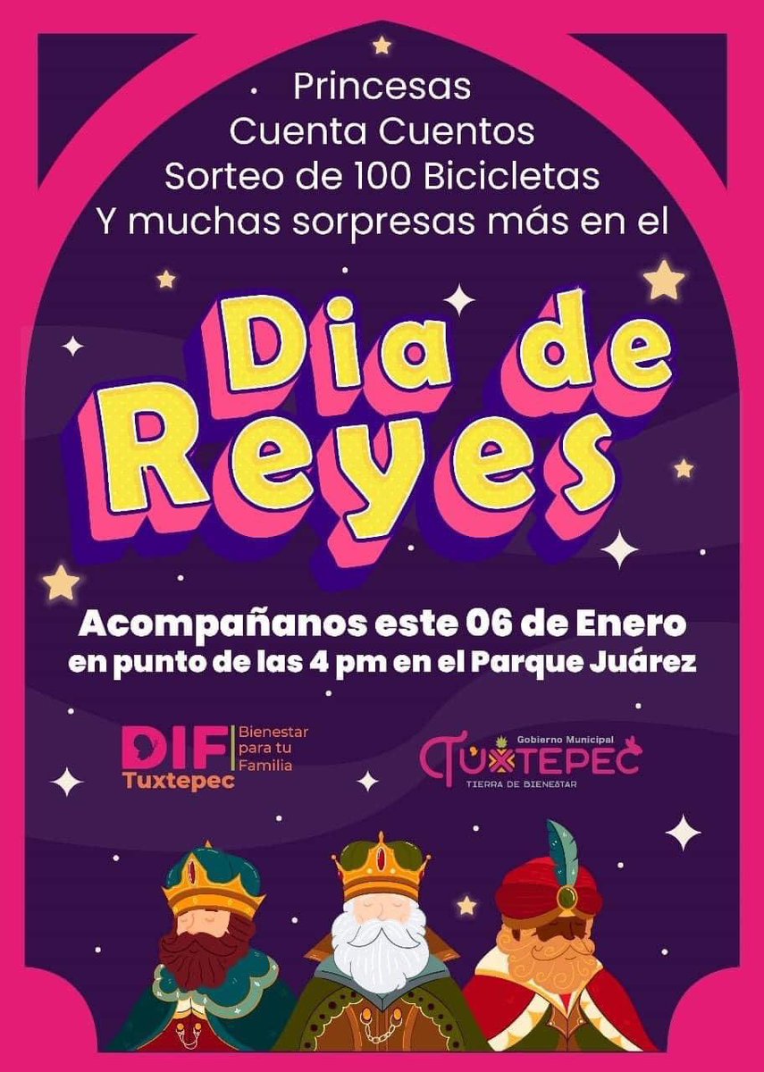 ✨Se acerca el #DíaDeReyes✨

🚲No olviden traer a los más pequeños de la casa a celebrar con nosotros al parque Juárez. 🧒🏻👧🏻 

¡Será un evento lleno de magia y diversión!

#TuxtepecTierraDeBienestar 
#DíaDeReyes2024