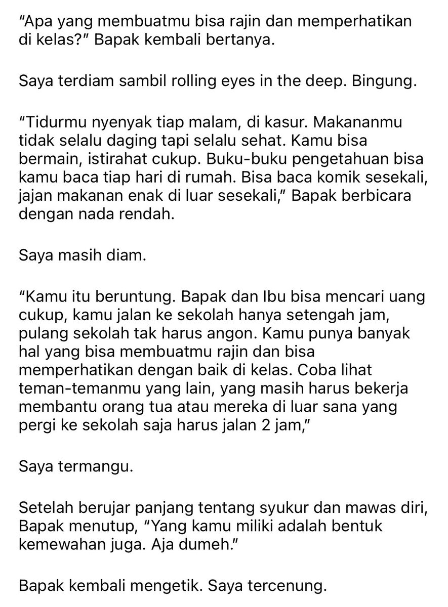 Privilege itu sering nggak kerasa, kita baru sadar pas kehilangan atau dikasih tau :)

Akses energi (listrik) itu privilege, lho. Dengan energi kita bisa beraktivitas; pendidikan, kesehatan, informasi bisa tersedia.

Makan bergizi pun. Aku dikasih tau privilege pas kelas 5 SD 🥹