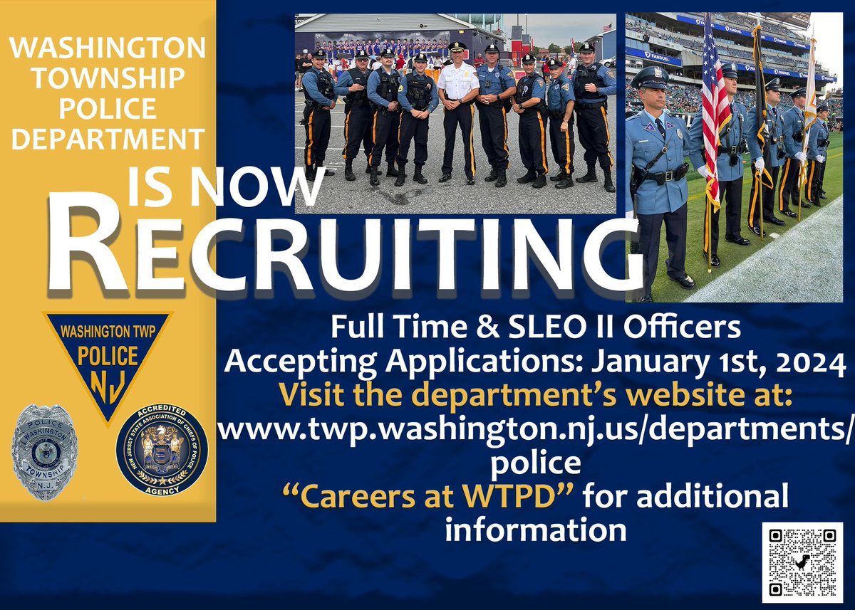Washington Twp PD (@washingtontwppd) on Twitter photo We are accepting applications for for the position of Police Officer and SLEO II. The Physical Fitness Test is scheduled for February 2024.
Contact Sgt. Brett Nelson with any questions regarding this hiring process at bjnelson@pd.twp.washington.nj.us We are accepting applications for for the position of Police Officer and SLEO II. The Physical Fitness Test is scheduled for February 2024.
Contact Sgt. Brett Nelson with any questions regarding this hiring process at bjnelson@pd.twp.washington.nj.us