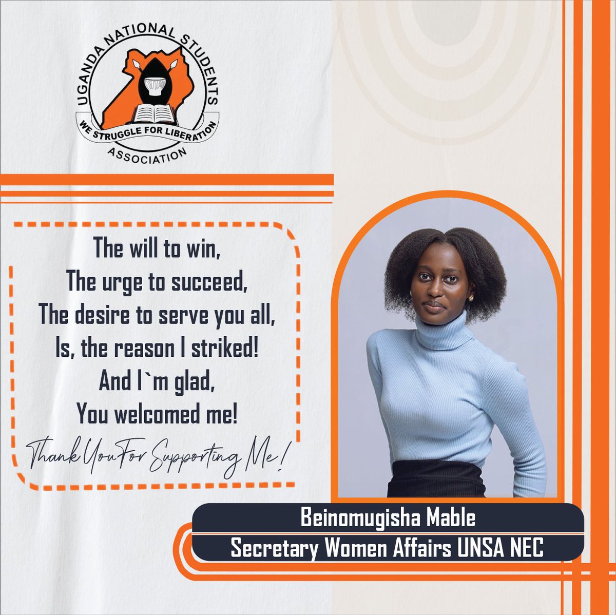BEINOMUGISHA MABLE MARIA AKIIKI (@ambitiousgoldie) on Twitter photo The will to win, the desire to serve you all is the reason I'm here. For everyone that believed in me, Thank you <a href="/unsaugofficial/">Uganda National Students Association (UNSA)</a> The will to win, the desire to serve you all is the reason I'm here. For everyone that believed in me, Thank you <a href="/unsaugofficial/">Uganda National Students Association (UNSA)</a>