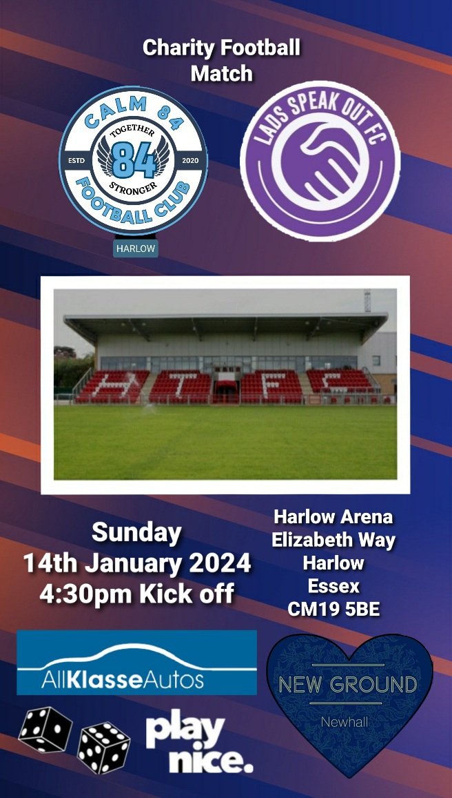 Our first fixture of 2024.
Free Admission from 4pm (Donations would be greatly appreciated). Sun 14th Jan 4:30pm kick off <a href="/HarlowFc/">LUKE</a>.
We welcome Lads Speak Out Fc from Stevenage, looking to raise awareness and funds for men's mental health. 💙