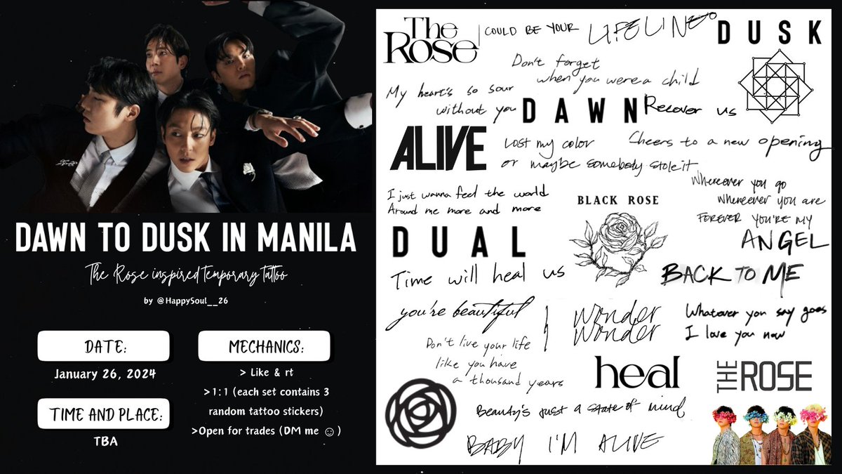 HappySoul__26's tweet photo. ✨THE ROSE: DAWN TO DUSK TOUR IN MANILA freebies by @HappySoul__26✨

@TheRose_0803 inspired temporary tattoos. 
Because we all want them tattoed in our hearts, don't we? 😍

🌹Like &amp; RT to spread (I have 500+ sets. Ubusin niyo, please 🙏) https://t.co/TLqUkvANRA