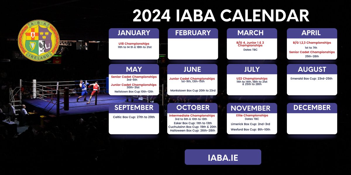 UlsterBoxing's tweet image. The 2024 IABA National Calendar has been affirmed, and includes national championships and 9 box cups.

iaba.ie/2024-iaba-nati…