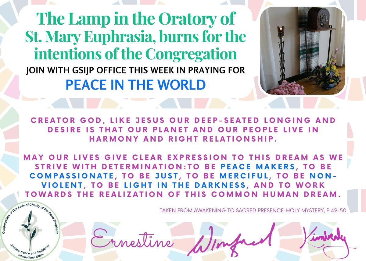 rgs_gssweb's tweet photo. Let us begin the new year by joining with the GSIJP Office in praying and advocating for peace in the world as the lamp in the oratory of St. Mary Euphrasia at the Mother House burns for the intentions of the Congregation. https://t.co/0pduZp1pmr