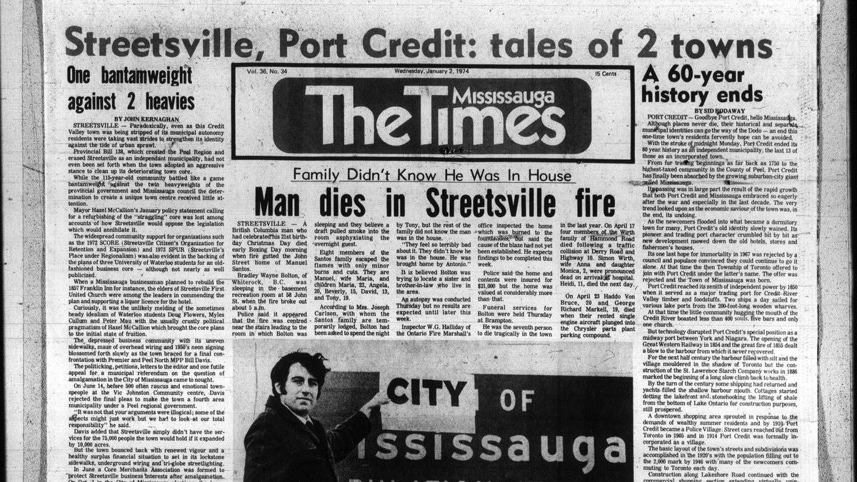 #Mississauga Times headlines from Jan. 2, 1974 about the merger of three towns into one, @CityMississauga.
Streetsville: 'One  bantamweight against 2 heavies'
Port Credit: 'A 60-year history ends'
Read more: pub.canadiana.ca/view/omcn.Miss… #Mississauga50