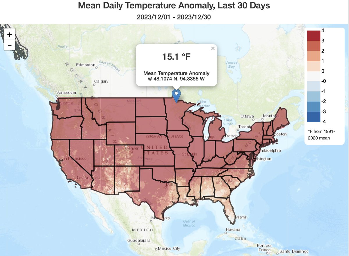 US_Stormwatch's tweet photo. The United States just experienced by far its warmest December ever recorded. 

All areas highlighted in red (virtually the entire US) experienced temperatures over 3°F above normal.

Parts of Minnesota were 15°F above normal for the entire month. https://t.co/fOkUfcHv0k