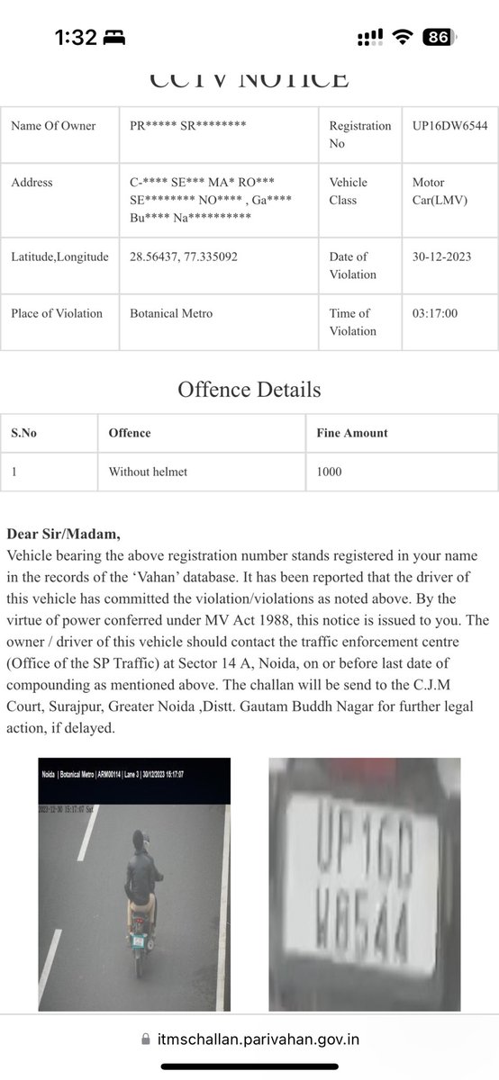 ItzPraNz's tweet photo. How funny is when a Motor Car gets a traffic violation for “without Helmet” offence. @noidatraffic @dcptrafficnoida @ACPTrafficNoida Please help fix this. https://t.co/Z6rNbWIl94