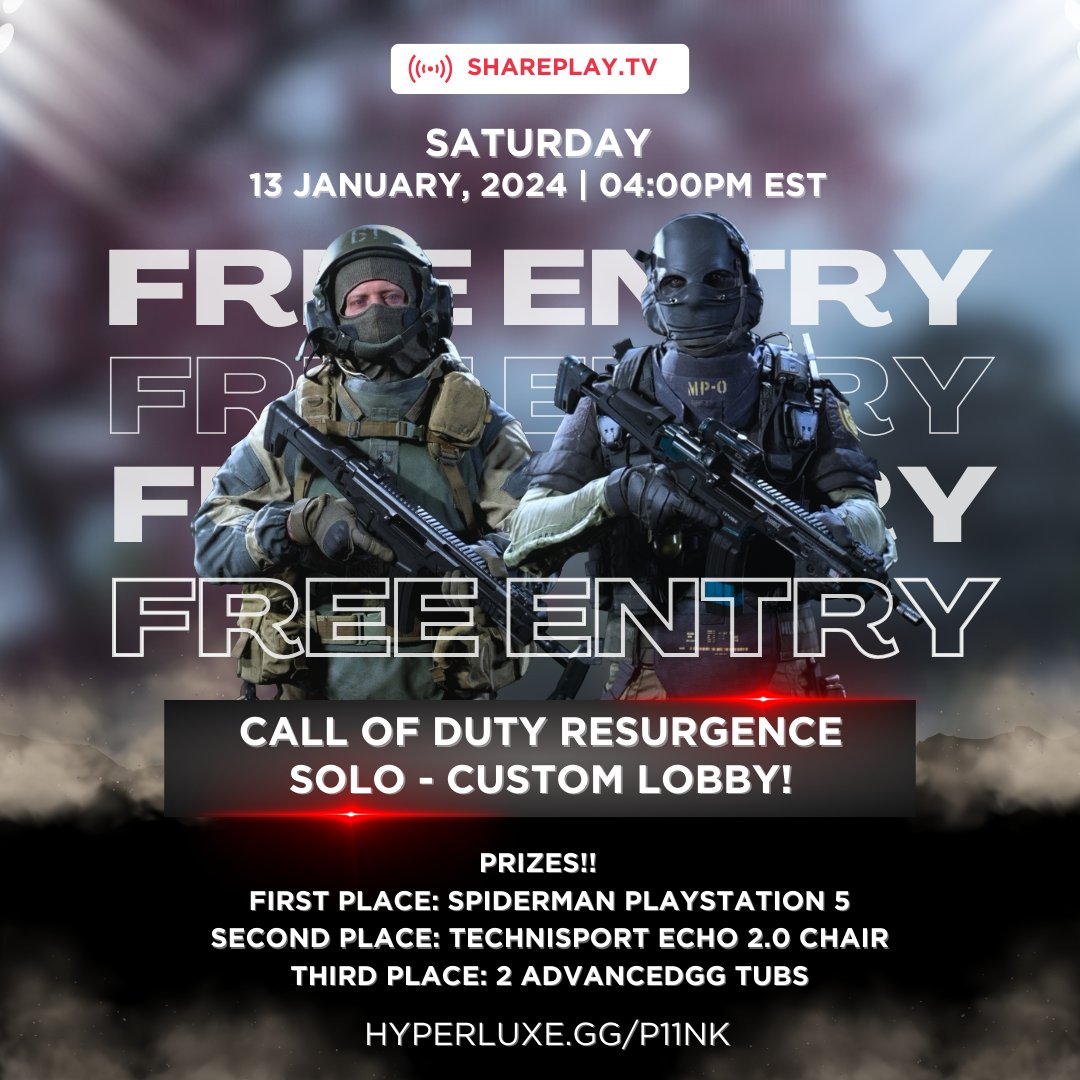 FREE ENTRY SOLO RESURGENCE TOURNAMENT! January 13th 4pm Eastern! 3pm Central! 🥇 @PlayStation 5 Spiderman Edition! 🥈 @TechniSport Chair Echo 2.0 🥉 @ADVANCEDgg Tub of choice REGISTER HERE | RULES HERE hyperluxe.gg/tournaments/b0… Powered by @shareplaytv Brackets by @hyperluxeGG