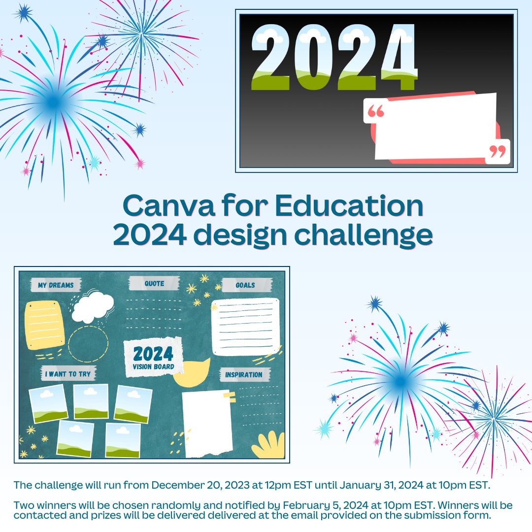 The Canva Learning Consultants have a new design challenge for all teachers &amp; students!🎉

🥳Ring in the new year by creating a vision board or one word/phrase that reflects a goal or focus for 2024.

You can submit student designs on the challenge site for a chance to win a