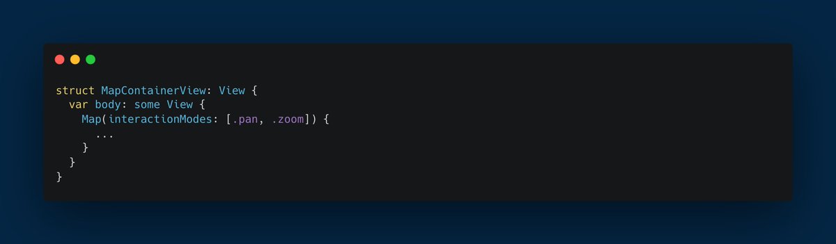 brunolorenzop's tweet image. When using MapKit, we have 4 interaction modes that we can enable to our Map view

1️⃣ Pan
2️⃣ Zoom
3️⃣ Pitch
4️⃣ Rotate

We set the modes in the init method

#swiftui #mapkit #iosprogramming