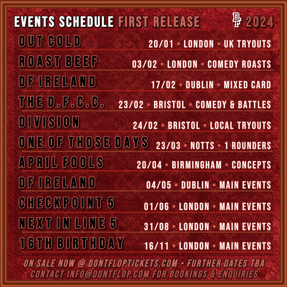 DontFlop's tweet photo. —2️⃣0️⃣2️⃣4️⃣ Don’t Flop Events Schedule—
We proudly present to you V1 of our updated calendar feat. 11 exciting new events in 5 cities
Get these dates in your diaries now, then head over to https://t.co/SgAtPHHvJw & snatch some very limited early deals
Contact us for bookings! https://t.co/lwa7JpzRAx