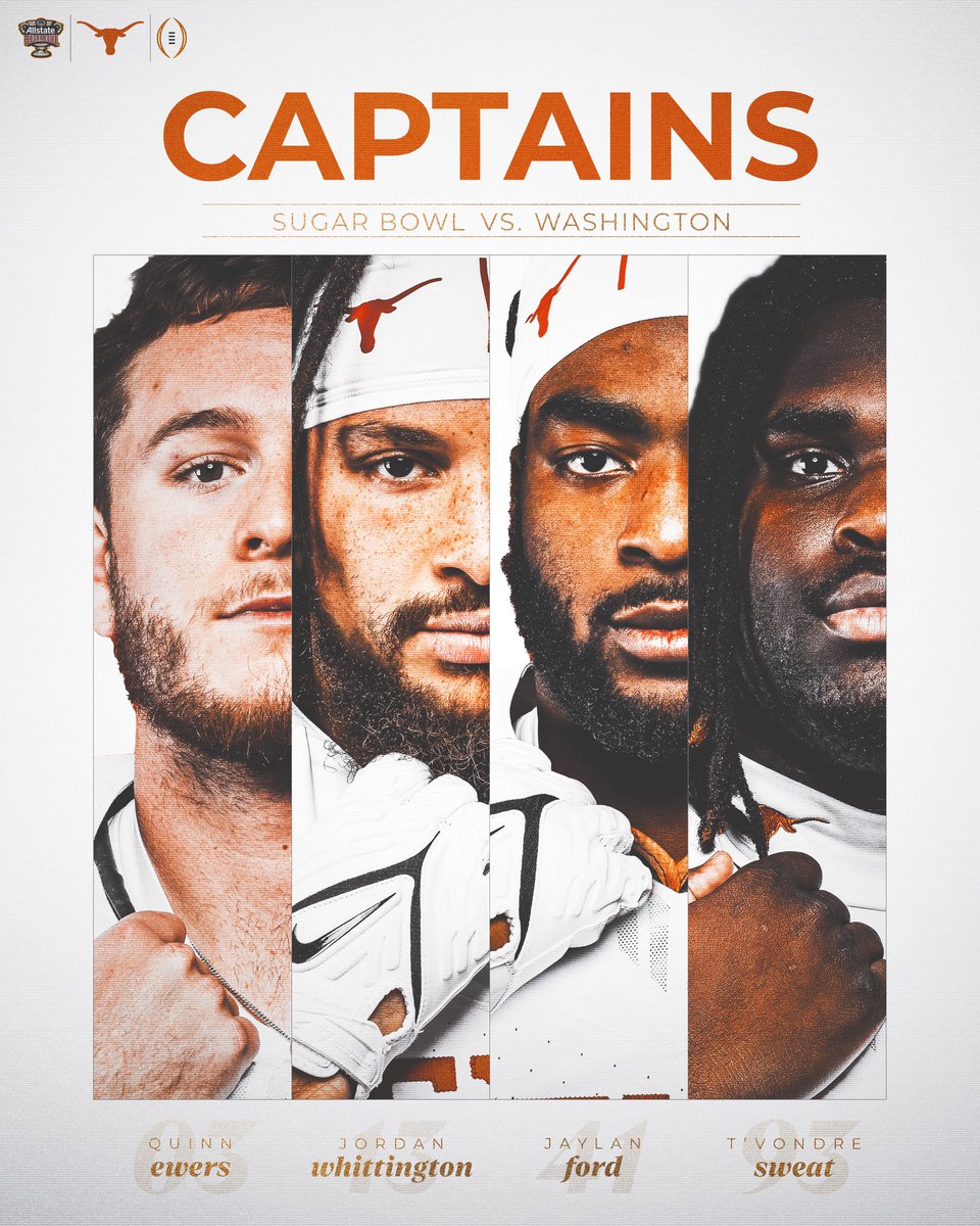 TexasFootball's tweet photo. Sugar Bowl Captains 🤘

#CFBPlayoff x #HookEm https://t.co/zvckWpBRoL
