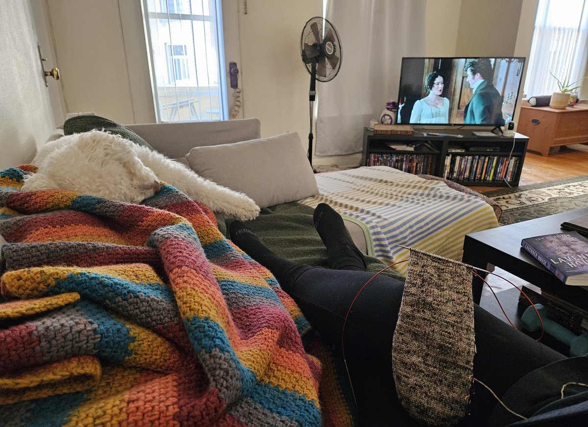 bbangtanbbook's tweet photo. Spending the last day of my stay-cation in the best way possible-on the sofa, in PJs, knitting socks while watching the BBC version of Pride and Prejudice with a sleeping dog. Happy New Year. https://t.co/ViOlPNRwr0