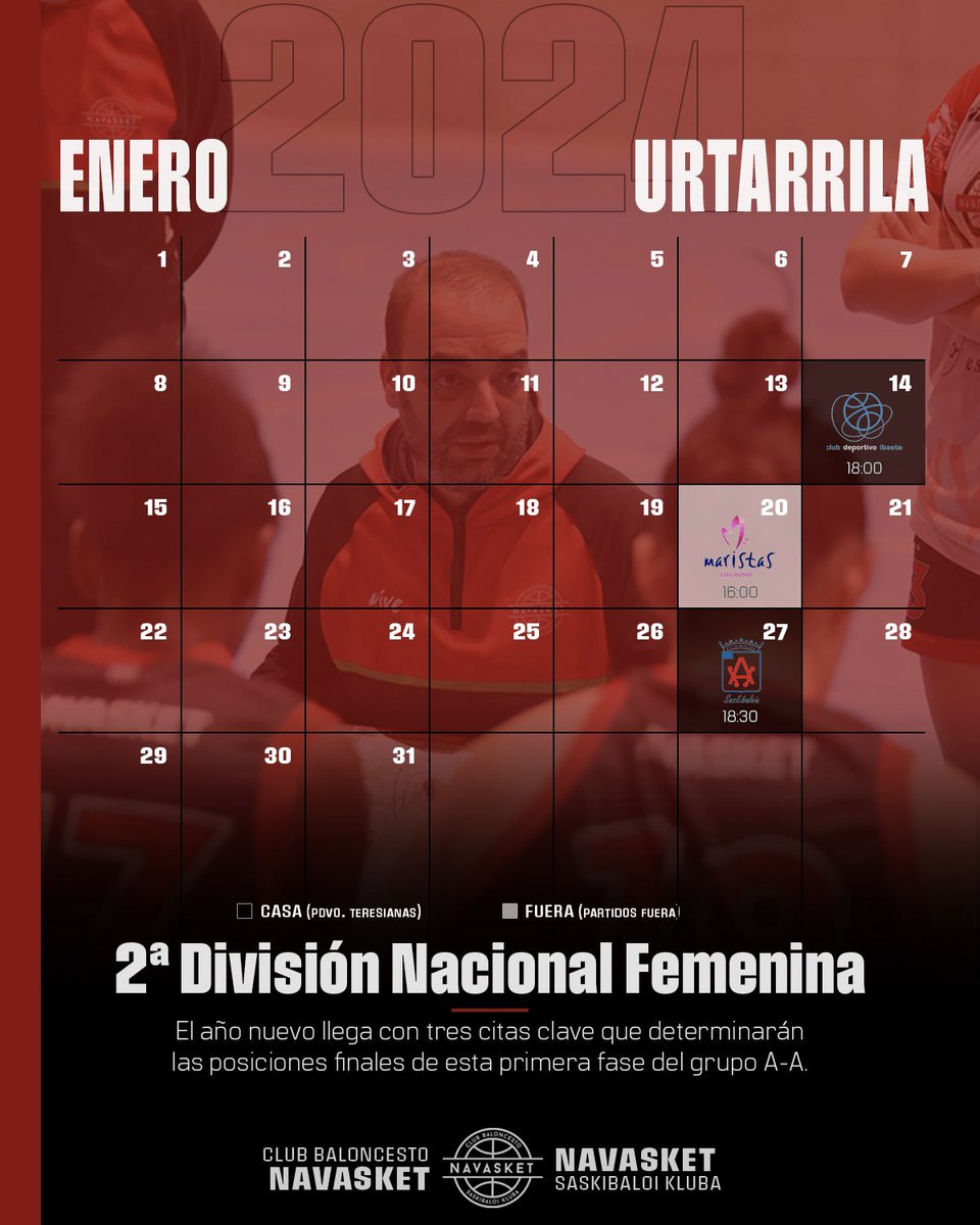 Navasket's tweet photo. 🛡️⚔️ 𝐄𝐍𝐄𝐑𝐎 𝐞𝐧 𝐂𝐀𝐒𝐀 ⚔️🛡️
Nuestros dos equipos de nacional jugarán 4 partidos en casa, destacando los del día de la presentación del club, el domingo 14 de enero.

¡¡No te los pierdas y ven a animar!!💪🏻🏀

🗃️ P.D: publicación para guardar.

#NVT #Navasket #1aMASC #2aFEM https://t.co/ZEYiQ8nOVJ