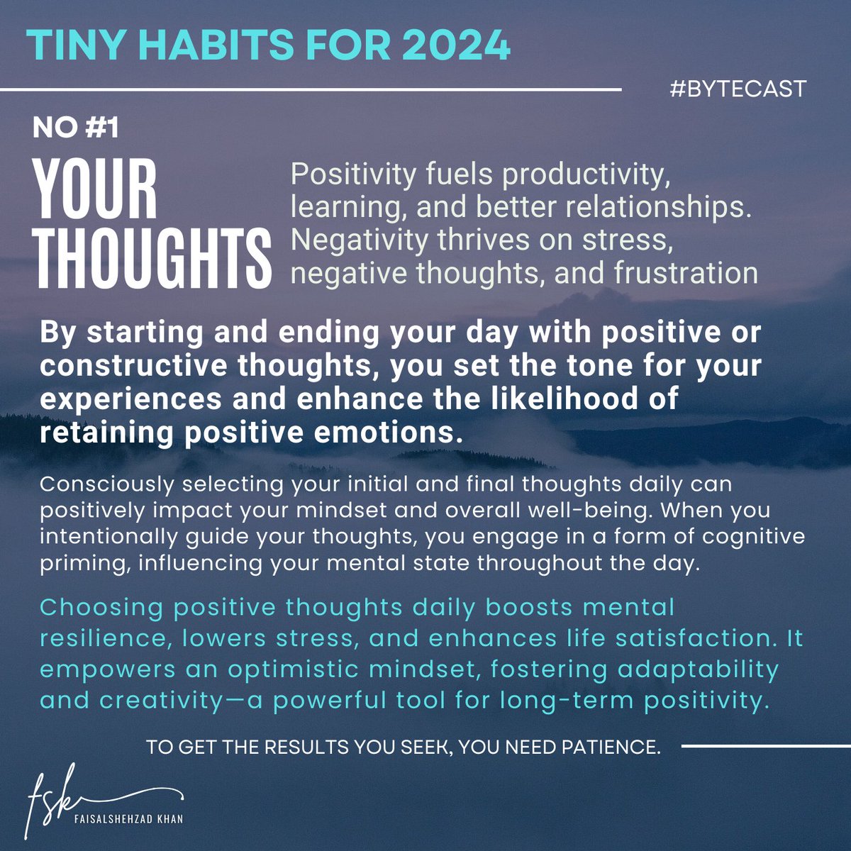 Start and end your day with positivity!  Choosing upbeat thoughts consciously boosts your mood. It's like a mental power-up! 

#PositiveMindset #DailyHabit #habits #tinyhabits #atomichabitsbook #fsk #faisalkhan #bytecast #NewYear #newyearresolution #positivity #thoughts