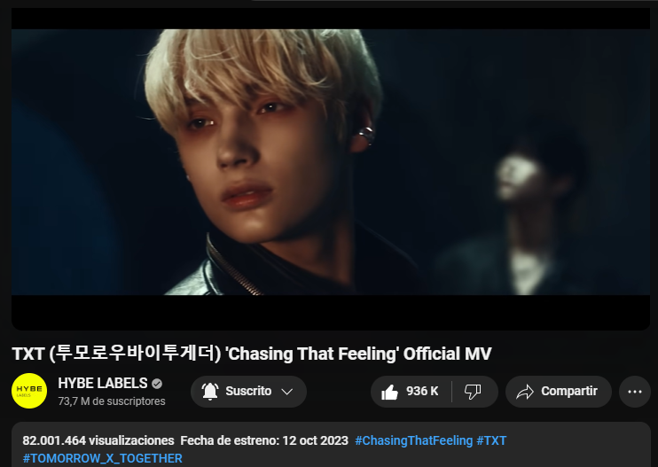 MOAPeruOficial's tweet photo. ❰ INFO ¦ 240101 ❱

El MV oficial 'Chasing That Feeling' ha superado los 82 millones de visitas con 936 mil me gusta en YouTube.

➡️https://t.co/EYdVybkaMy
___
#TXT 
#투모로우바이투게더 
#TOMORROW_X_TOGETHER 
@TXT_bighit 
@TXT_members

© MOA Peru https://t.co/qb246SOrba