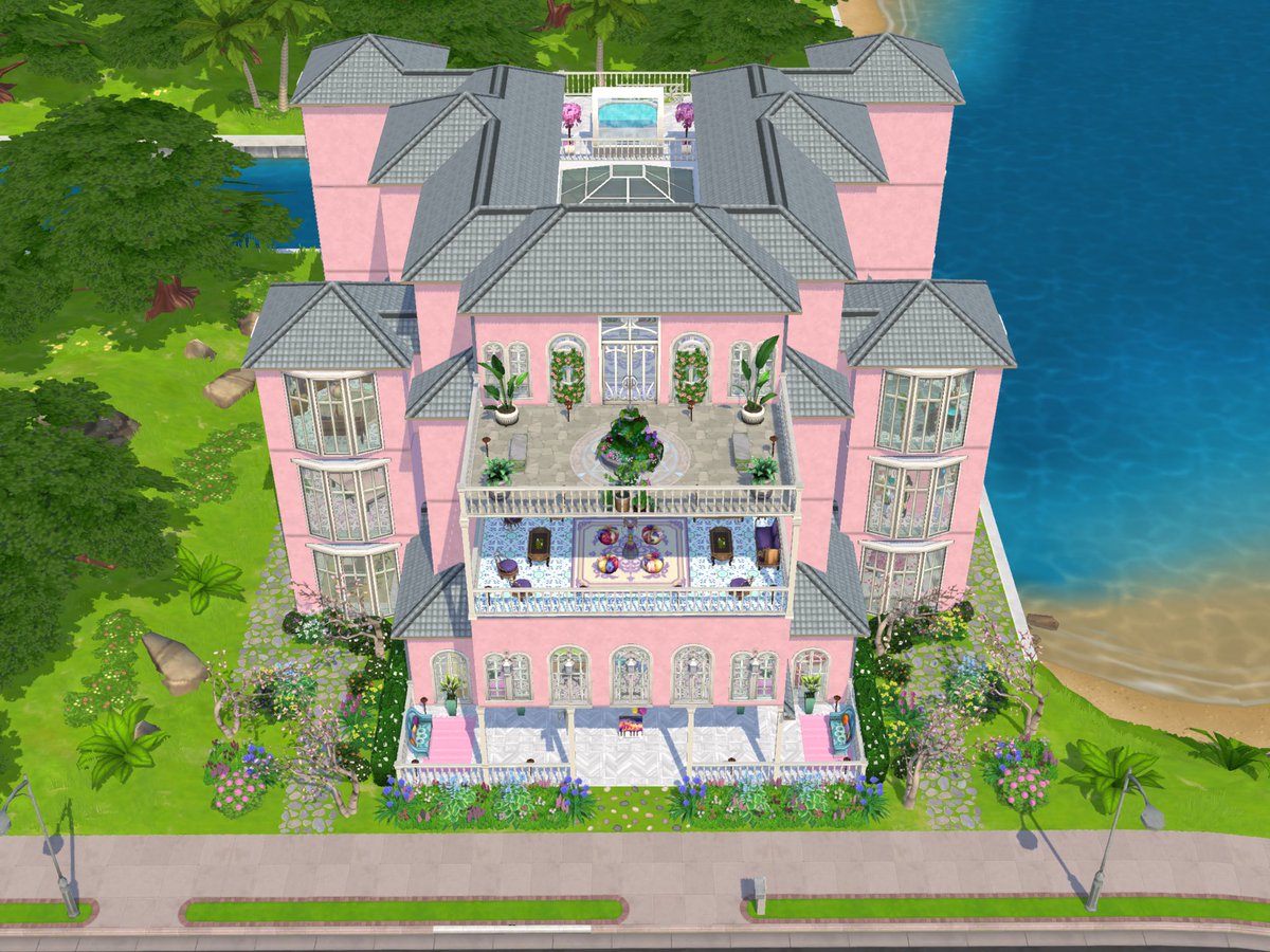 MrsM_Sims's tweet image. Finally finished the build. Still not 100% sure I like the overall shape of it, but it can stay until I’ve finished building on all my other lots, at least! Feels a little like a sort of Barbie mansion, maybe just because it’s so pink 😄🩷