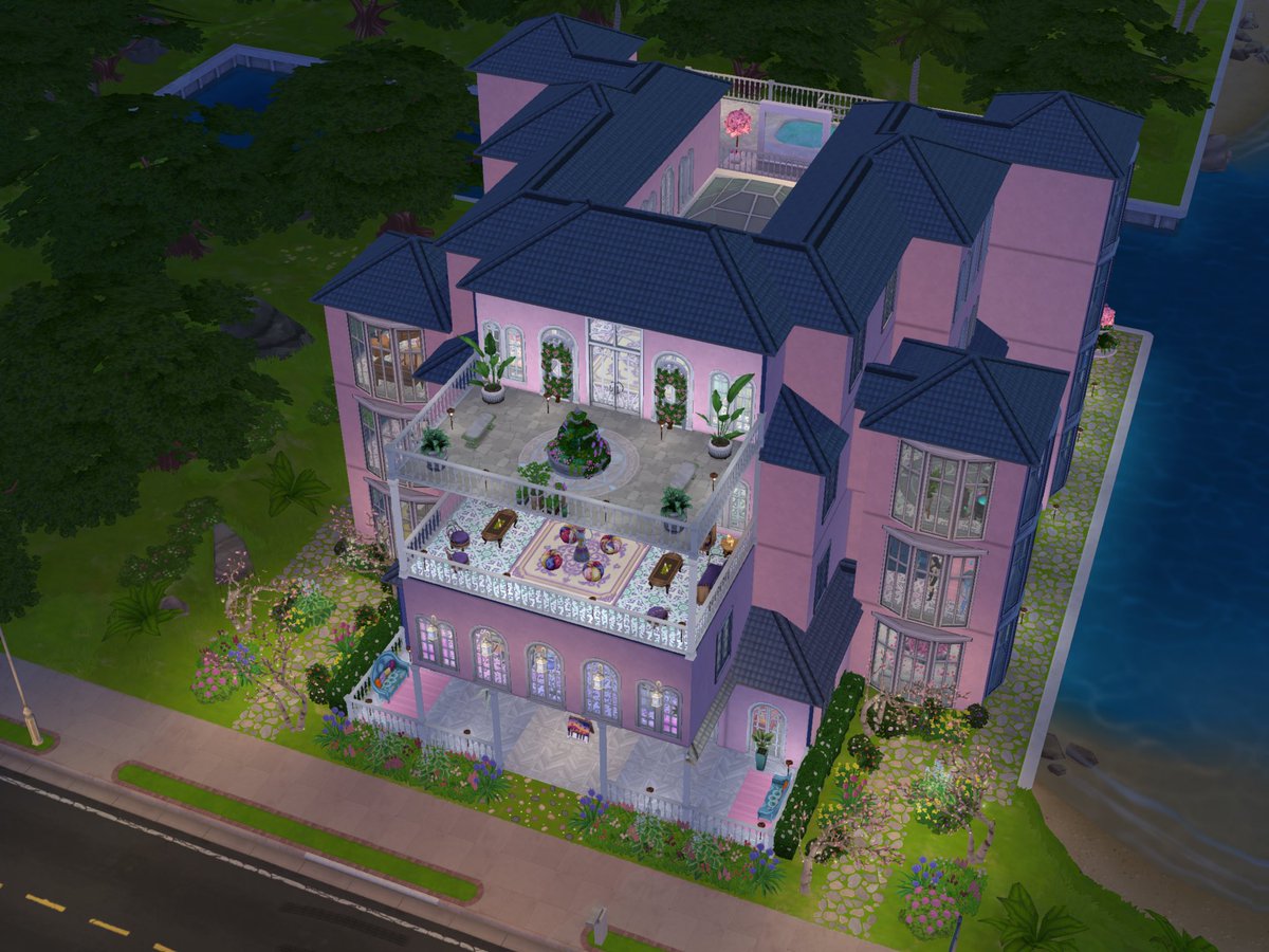 MrsM_Sims's tweet image. Finally finished the build. Still not 100% sure I like the overall shape of it, but it can stay until I’ve finished building on all my other lots, at least! Feels a little like a sort of Barbie mansion, maybe just because it’s so pink 😄🩷