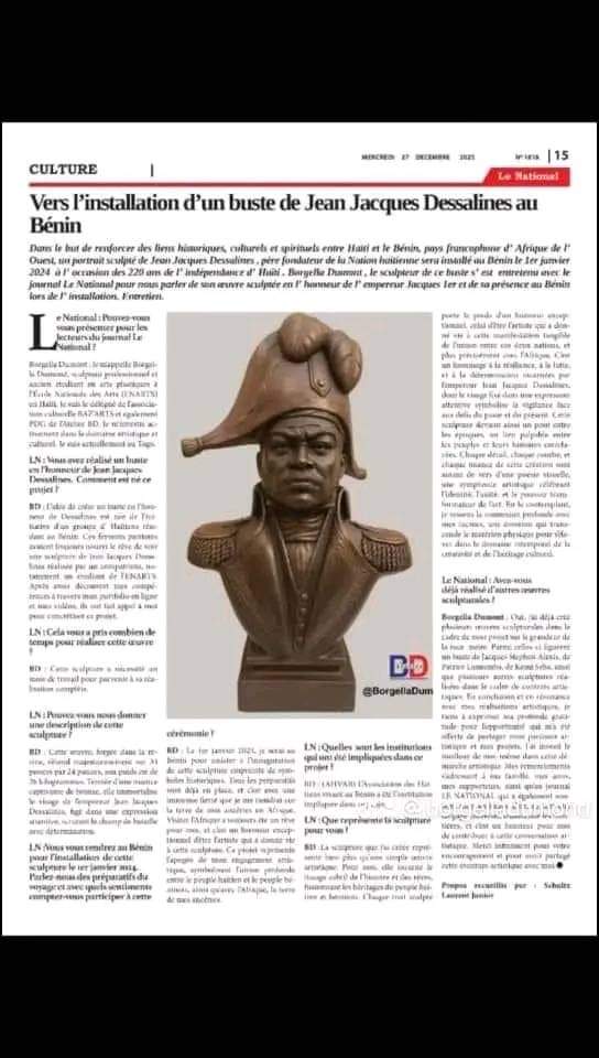 Un buste de #JeanJacquesDessalines à été inauguré au  #Bénin ce lundi 1er janvier 2024 pour les 220 ans de la libération haïtienne. 

Quel honneur ✨️🙏🏽.

#haiti #africa