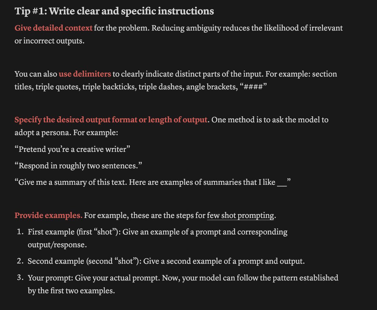 MilksandMatcha's tweet photo. I compiled a prompt engineering "best practices and tricks" doc 😀

Created based on OpenAI @isafulf's prompt engineering talk at @NeurIPSConf and enriched with more details, examples, and tips.

I focused on making the document as comprehensive and concise as possible, and it covers:
> how to write clear/specific instructions
> giving the model time to think
> prompting multiple times
> guiding the model
> breaking down the prompt
> external tools 

This document is a work in progress and ideally can become a helpful resource/reminder. Any feedback or additions are appreciated ❤️.

Special thanks to @swyx, @brianryhuang, and @jerryjliu0 for their feedback and additions.

** note: these are good tips for regular human communication as well 😉

full doc: https://t.co/gNaCwuPAYo