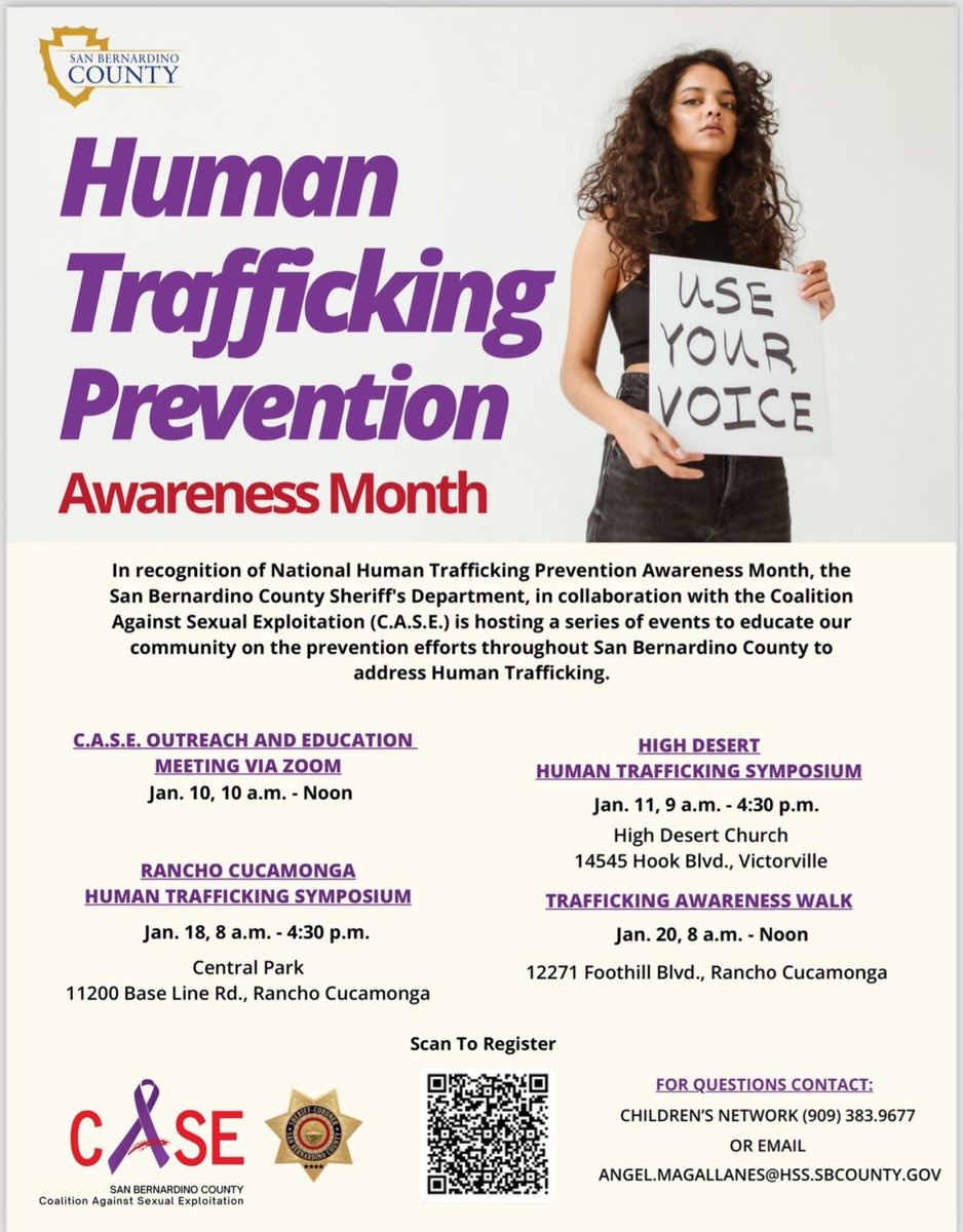 Happy New Year, 2024. Just a reminder, January is Human Trafficking Awareness Month. Throughout the month, presentations, education and tips to help bring awareness to Human Trafficking will be given by CASE & @sbcountysheriff PA.
#humantraffickingawarenessmonth
