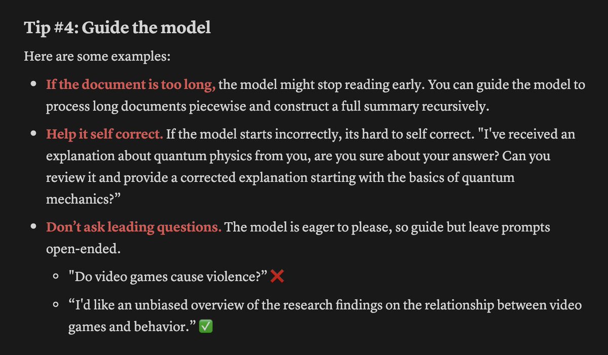 MilksandMatcha's tweet photo. I compiled a prompt engineering "best practices and tricks" doc 😀

Created based on OpenAI @isafulf's prompt engineering talk at @NeurIPSConf and enriched with more details, examples, and tips.

I focused on making the document as comprehensive and concise as possible, and it covers:
> how to write clear/specific instructions
> giving the model time to think
> prompting multiple times
> guiding the model
> breaking down the prompt
> external tools 

This document is a work in progress and ideally can become a helpful resource/reminder. Any feedback or additions are appreciated ❤️.

Special thanks to @swyx, @brianryhuang, and @jerryjliu0 for their feedback and additions.

** note: these are good tips for regular human communication as well 😉

full doc: https://t.co/gNaCwuPAYo
