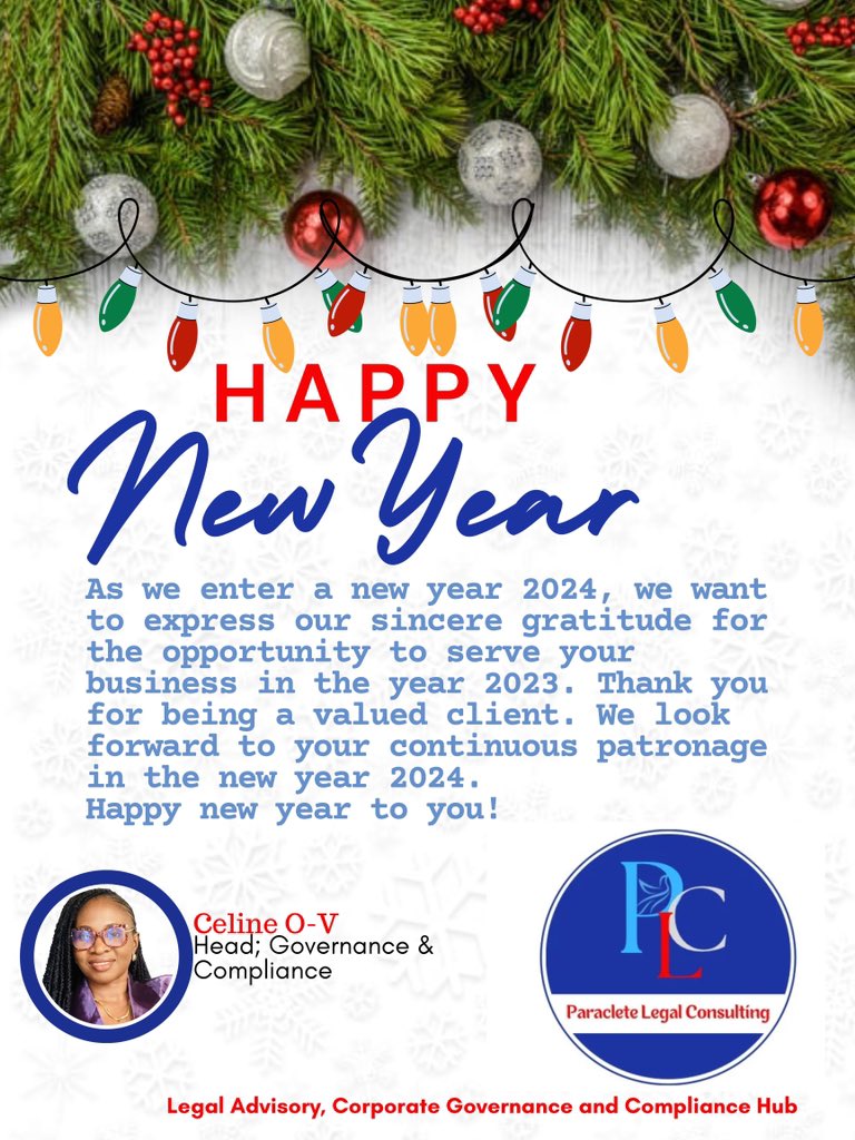 Paraclete_Legal's tweet photo. To all our clients…
Thank you for being a valued client in 2023. May more business opportunities open up for UMACO Water links Ltd this year and always. Amen. Happy new year 2024 https://t.co/OO6jxlO4jH
