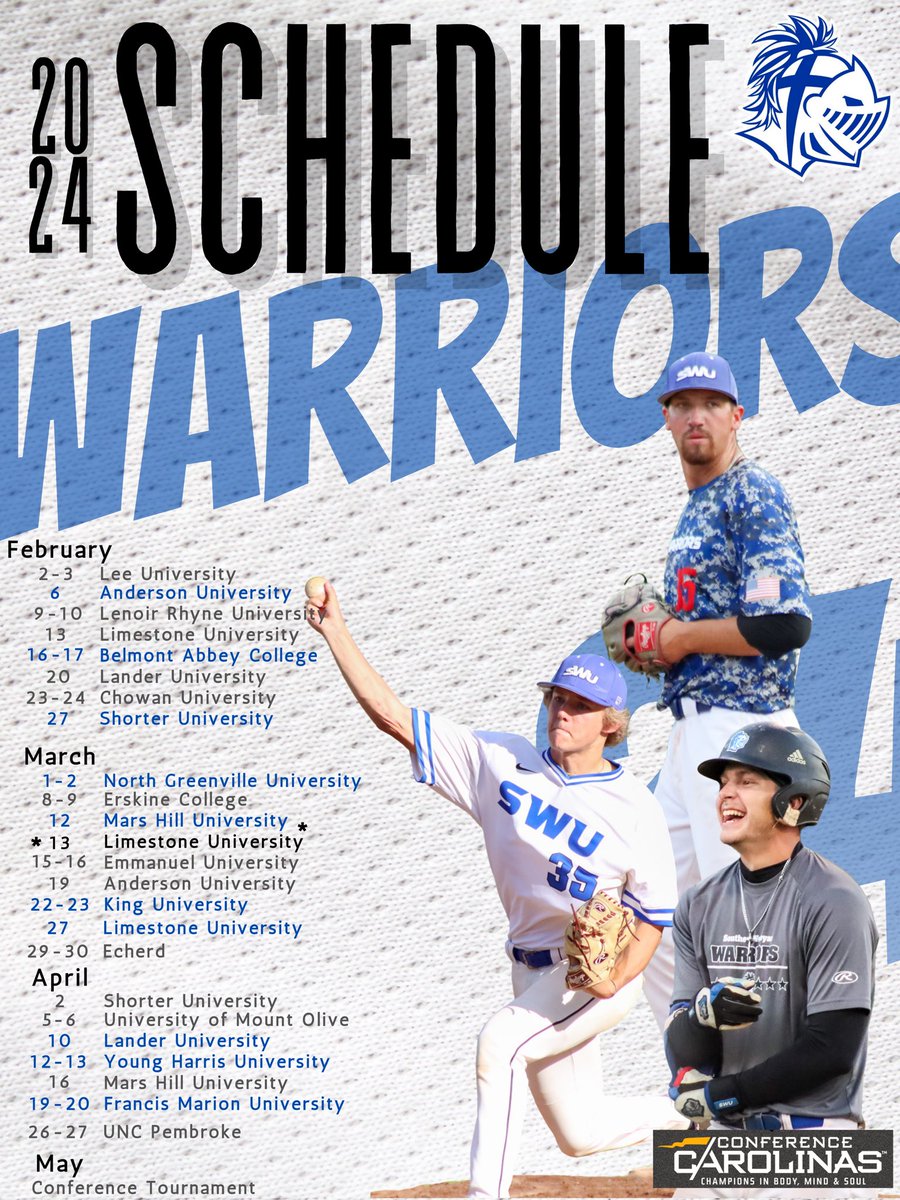SWUBaseball's tweet photo. With a new year comes a new season! We are excited to release our 2024 Spring season schedule. At the beginning of each month we will be releasing a month glance with more game details. Go Warriors! #bluehome #greyaway https://t.co/vtSmI1zKud